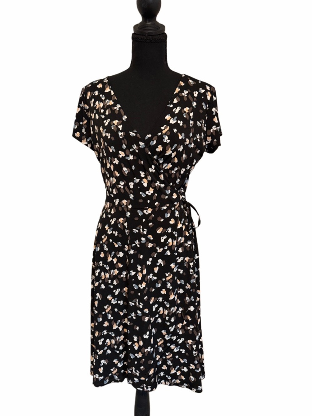 Gilli Black Midi Wrap Dress with White and Tan Floral Print